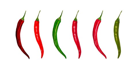 Set isolated red green hot chilli peppers isolated on white background. Watercolor style illustration, minimalistic design.	
