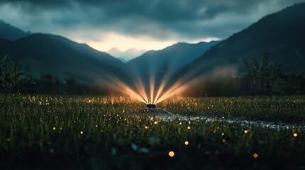 A tranquil sunset with water spray in the foreground and mountains in the background.