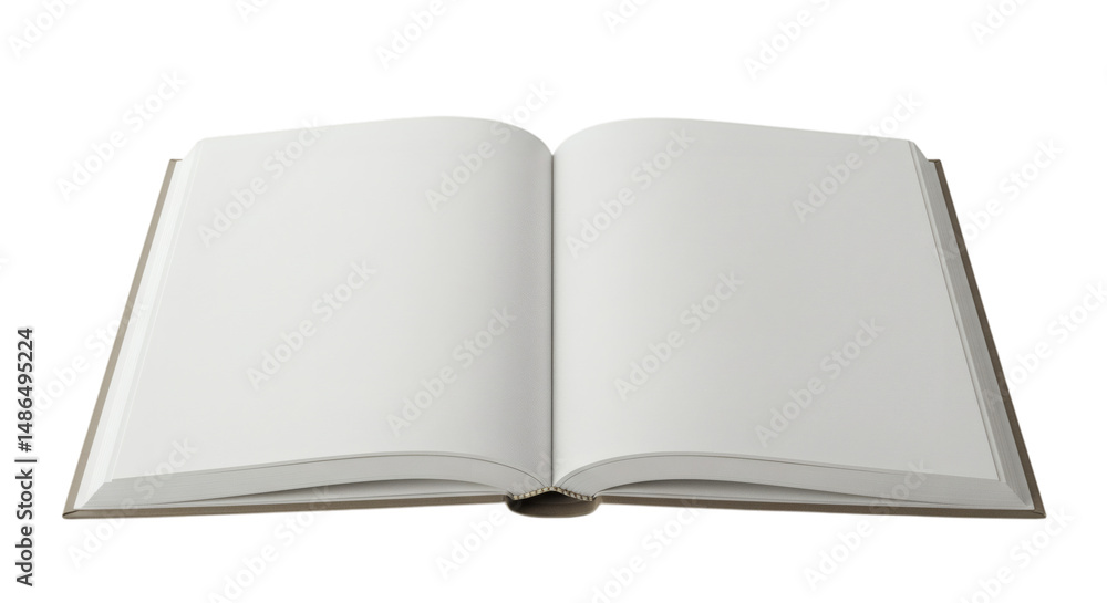 Poster open book with blank white pages showcasing its pristine condition and readiness for content, isolat