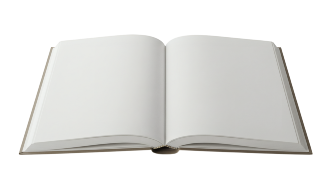 Open book with blank white pages showcasing its pristine condition and readiness for content, isolated on transparent background
