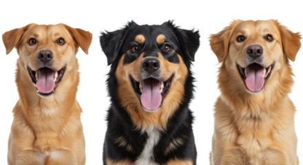 Three happy mixed-breed dogs sitting side by side and smiling isolated on transparent background
