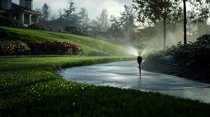 Irrigation system watering lush green garden at dawn