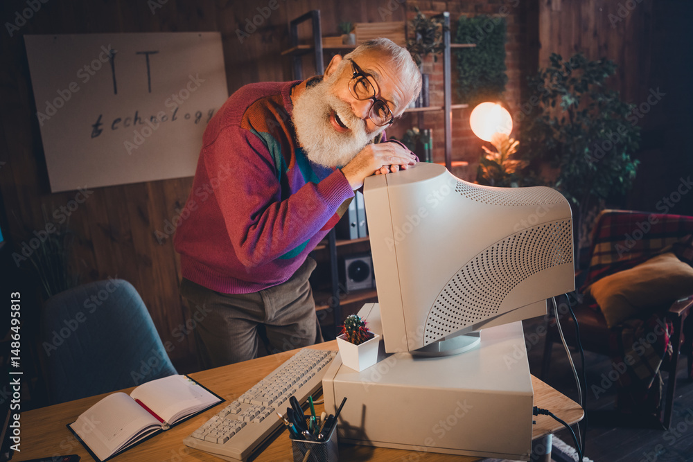 Poster elderly man enjoying a computer workspace at home, embodying technology, programming, and passion fo
