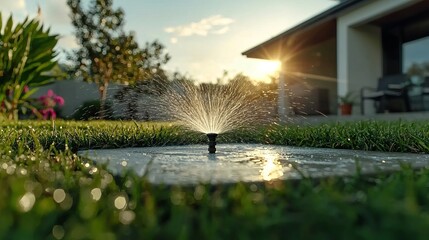 Water sprinkler in a lush green lawn at sunset.