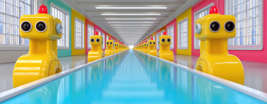 A seemingly endless factory line of yellow robots, with colorful walls and windows
