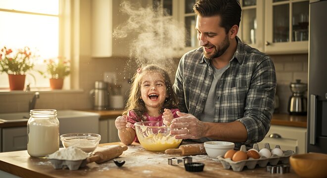 Father and child baking together in a cozy, sunlit kitchen, flour on noses, joyful expression, warm and soft color grading