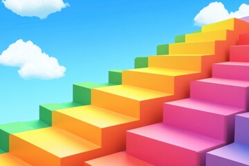 Fototapeta premium Colorful isometric 3D preschool background with rainbow blocks forming stair-like patterns under a clear sky and soft shadows