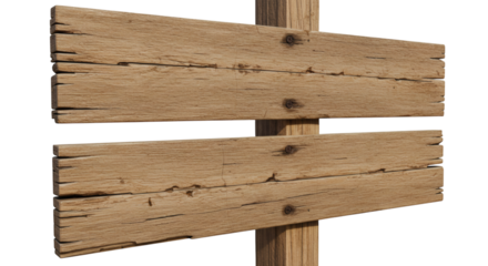 Weathered wooden sign with rustic planks mounted on a pole, showing natural grain and texture, isolated on transparent background