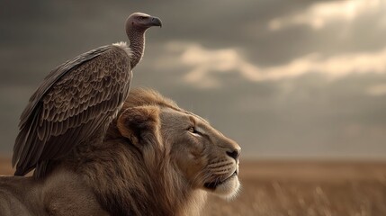 A majestic lion with a vulture perched on its mane in a dramatic landscape.