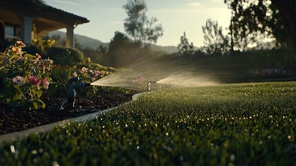 Morning sunlight glimmers on a vibrant garden with sprinklers watering the plants.