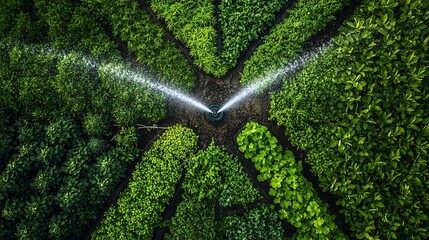 Aerial view of lush green plants being watered in a vibrant garden setting.