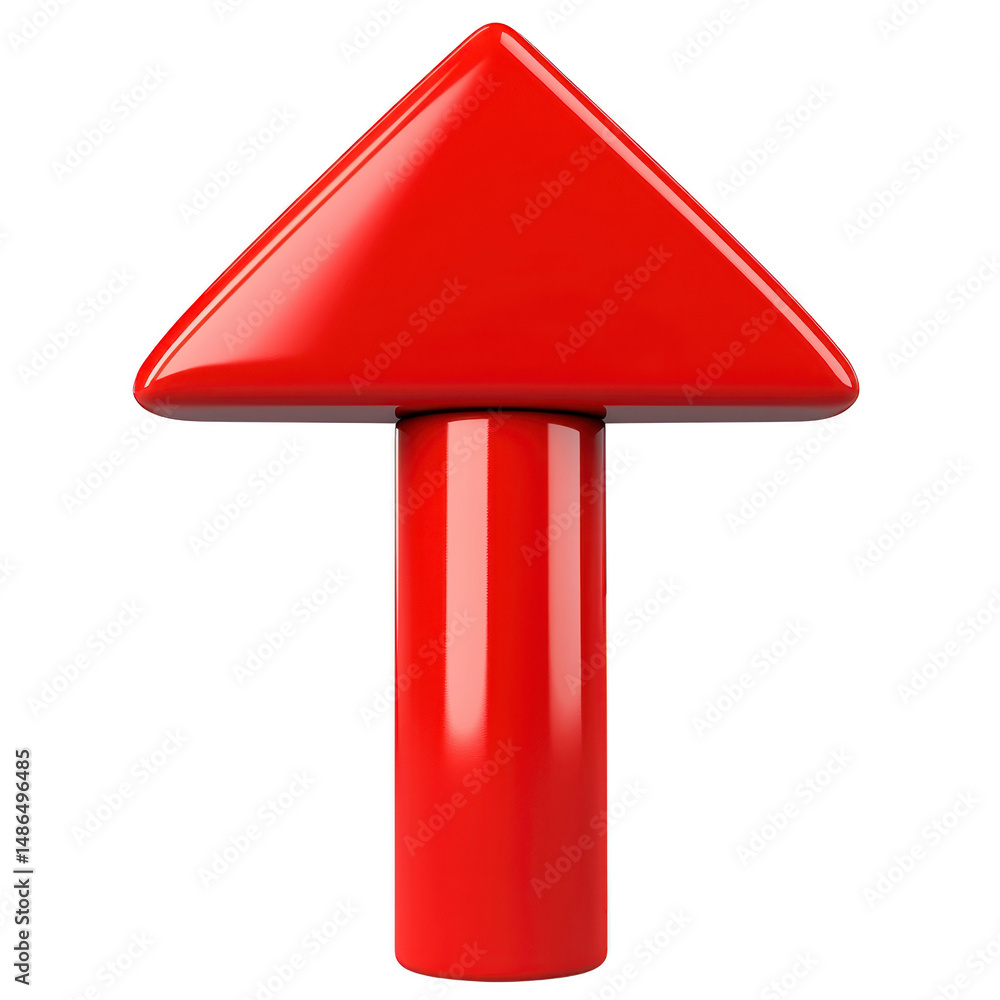 Poster shiny red 3d arrow pointing upwards, symbolizing direction or progress. arrow has glossy finish and 