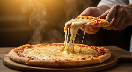 Chef pulling a slice of hot pizza on a rustic wooden table with melted cheese stretching dramatically, golden lighting and steam