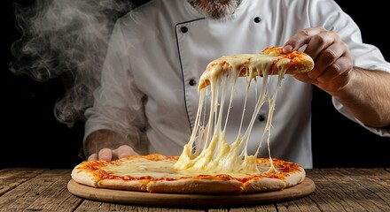 Chef pulling a slice of hot pizza on a rustic wooden table with melted cheese stretching dramatically, golden lighting and steam