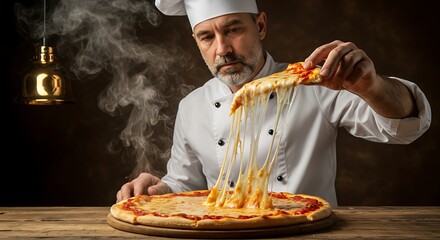 Chef pulling a slice of hot pizza on a rustic wooden table with melted cheese stretching dramatically, golden lighting and steam