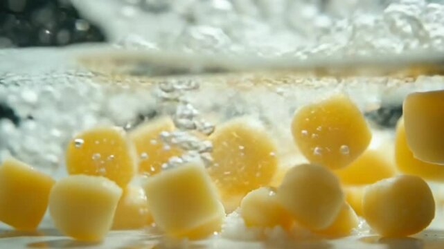 Italian gnocchi fall into the water with splashes. Filmed on a high-speed camera at 1000 fps. High quality FullHD footage