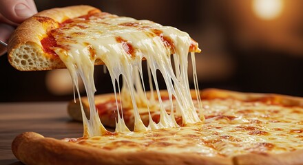 A close-up of a hot, cheesy pizza slice being lifted with stretchy cheese pulling