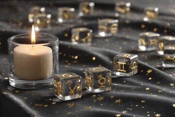 Decorative candle and astrology dice create a mystical atmosphere on a dark starry fabric surface