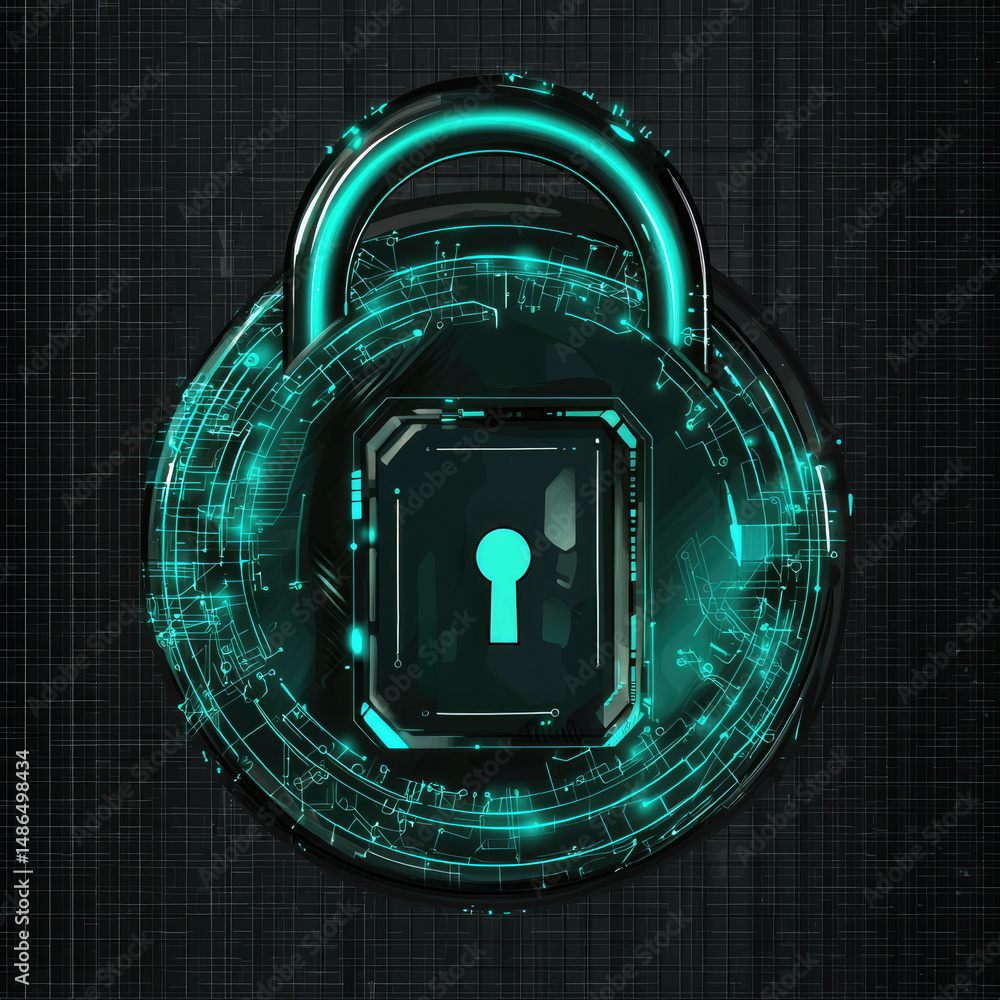 Aufkleber futuristic padlock with glowing digital circuits; represents data security and encryption