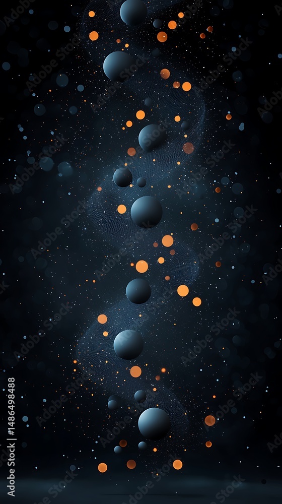 Poster glowing particle spiral with trailing light in dark background