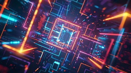 A futuristic cityscape at night, bathed in neon lights, showcases a complex network of geometric shapes and structures, highlighting the beauty and complexity of urban environments.