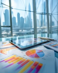 Obraz premium Business workplace with tablet and charts in modern building office