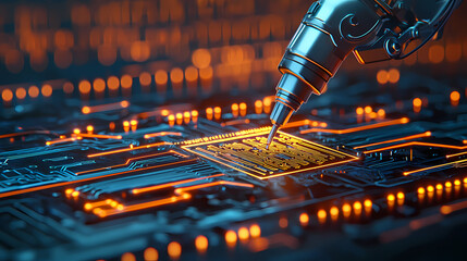 A robotic arm precisely works on a glowing microchip circuit, symbolizing advanced technology and artificial intelligence.