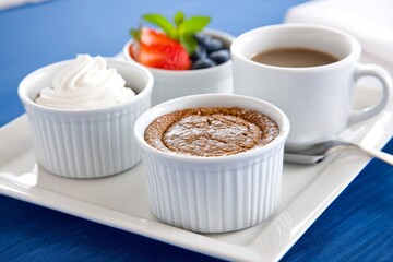 Berry Souffle and Cream Dessert Presentation - Indulgent dessert trio: chocolate souffle, whipped cream, fresh berries. Elegant presentation, perfect for a special occasion. Sweet, creamy