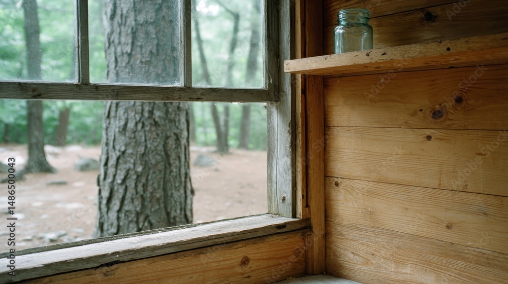 Poster cabin window view - serene view of a forest through a rustic cabin window, a glass jar sits on a woo