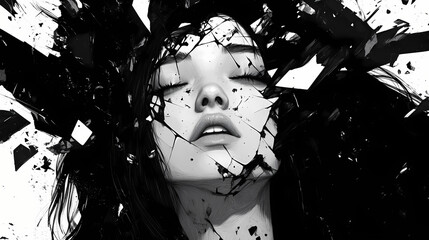 Breaking free a woman's raw expression of emotion and strength in a fragmented world. [Whispering Machines] | Fragment Echo | broken logic. Illustration