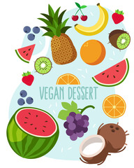 vegan dessert set. fruit & berry vector collection. Watermelon, pineapple, orange, kiwi, blueberry, strawberry, banana, grapes, cherry, coconut.