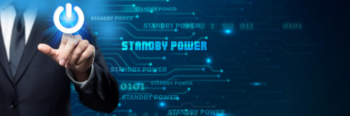 Businessman interacts with a futuristic "STANDBY POWER" interface, symbolizing backup energy solutions, power management technology, ensuring continuous power supply, and the future of reliable .