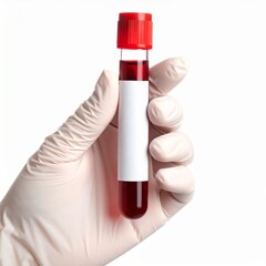 A hand wearing a glove holding a test tube filled with blood. The tube has a red cap and a blank label. This image represents medical and scientific concepts.