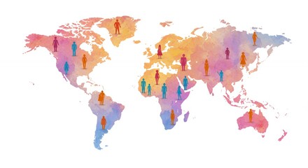 Fototapeta premium Watercolor world map displaying diverse global community representation