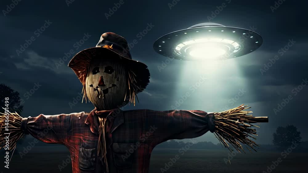Poster a flying saucer shines a bright beam on a scarecrow in a dark field. mysterious alien encounter and 