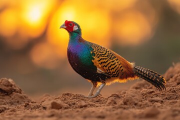 Obraz premium Colorful pheasant walks on the ground during sunset in a natural habitat setting