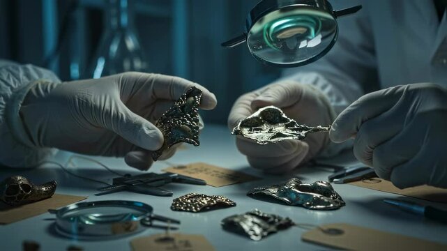Researcher in gloves analyzes mysterious metal alien artifact pieces recovered from ufo crash site lab analysis of unknown object evidence investigation footage