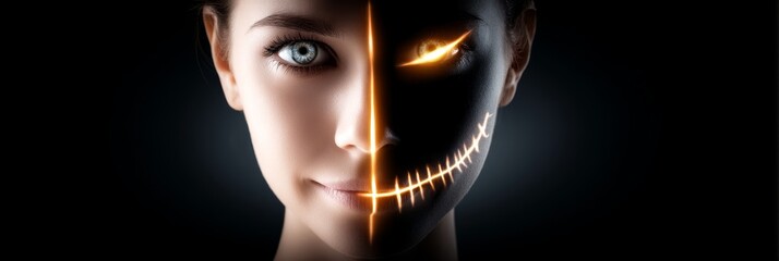 Dual Nature Portrait - A striking close-up of a woman's face, half angelic, half sinister, symbolizing duality and hidden potential