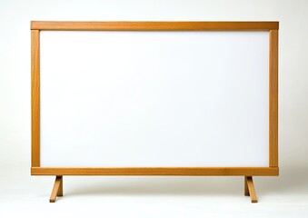 Rectangular white board with light brown wooden frame and legs.  A blank, empty surface, ready for display or use