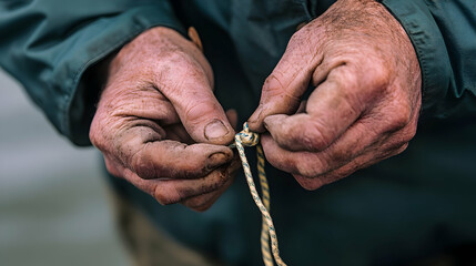 A person's hands tying a knot with rope outdoors.