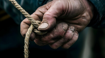 Close up of hands holding a rope showing texture and detail.