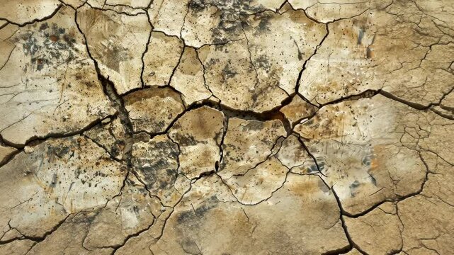 Dried, cracked earth surface.  Deep fissures crisscross a light brown, textured ground