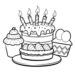 Cute Birthday Cake & Cupcakes  Coloring Page