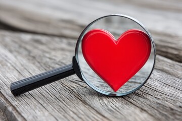 Fototapeta premium Finding Your Heart's Passion - Discover your true calling. A magnifying glass explores a red heart, symbolizing the search for love, purpose, passion, happiness, and career fulfillment