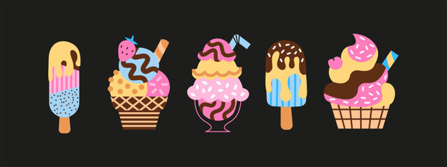 Set of cartoon ice creams — various types of cones and popsicles. Retro 90s groovy doodle style illustration featuring desserts, summer vibes, and sweet treats.