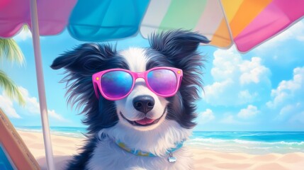 Happy black and white dog wearing pink sunglasses under a colorful beach umbrella on a sunny day by the ocean, summer animal fun concept.