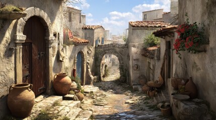 Picturesque, sun-drenched alleyway winds through a charming, historic Mediterranean village, showcasing traditional architecture and terracotta pottery.