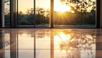 Sunset view through modern home windows.