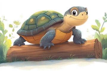 Smiling cartoon turtle on log, sunny day. Cheerful character