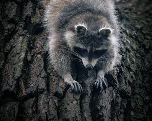 cute raccoon climbing down the tree	